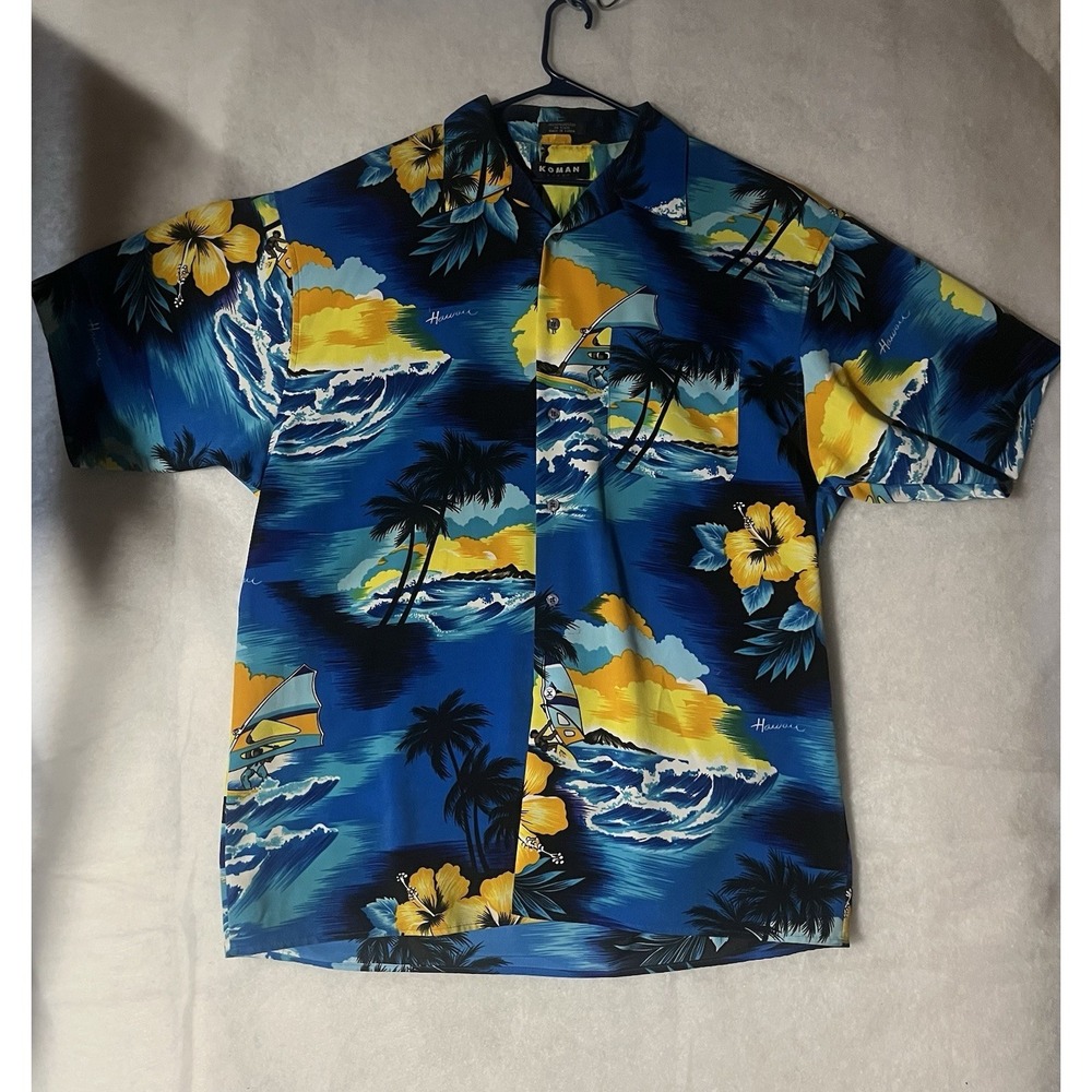 Koman Sport Mens Short Sleeve Hawaiian Shirt Size Large Blue Yellow Floral
